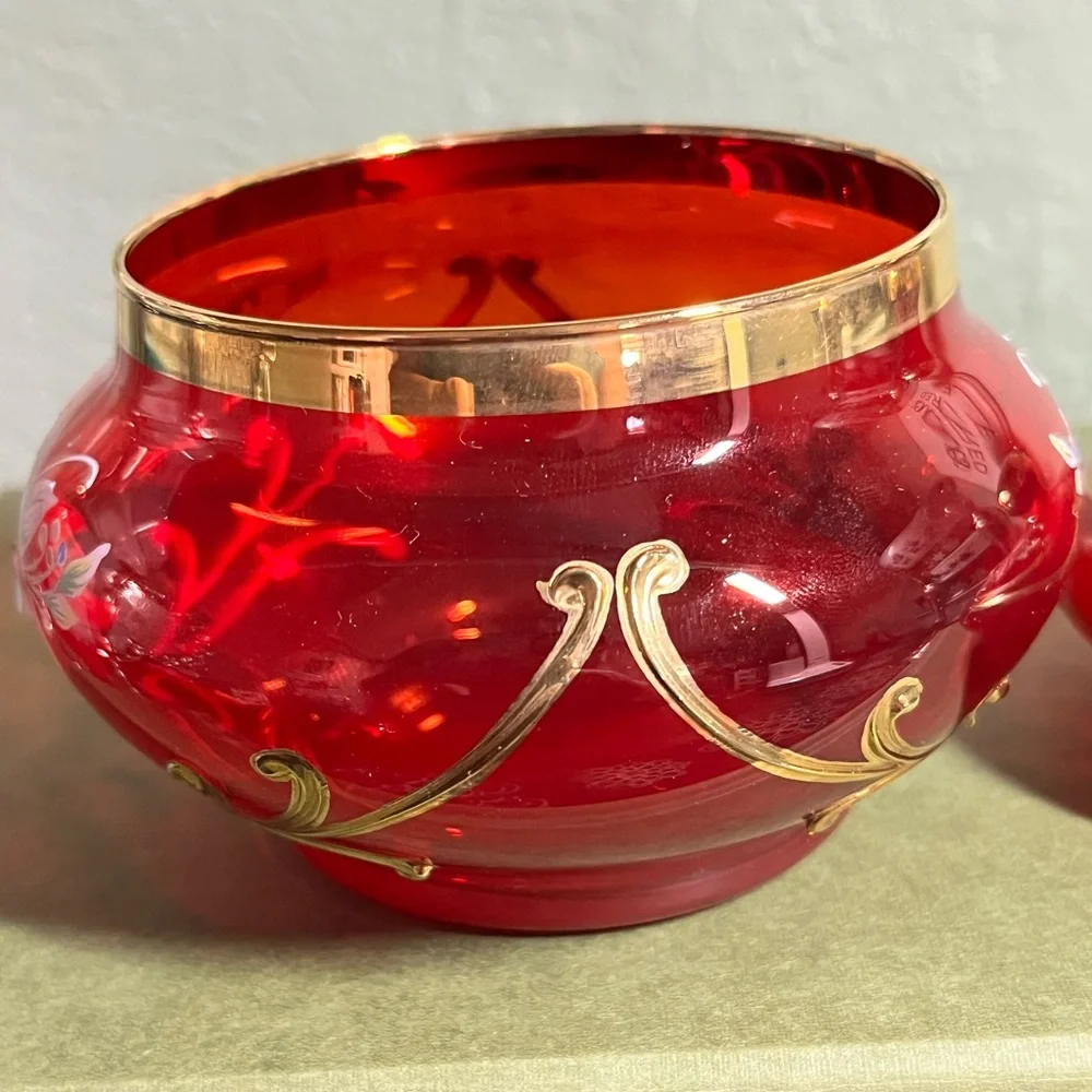 Authentic Bohemian Czech Ruby Red Cased Glass Jar Hand Painted 24K Gold